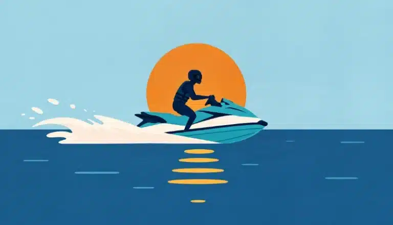 Rider on a jetski throwing spray at sunset