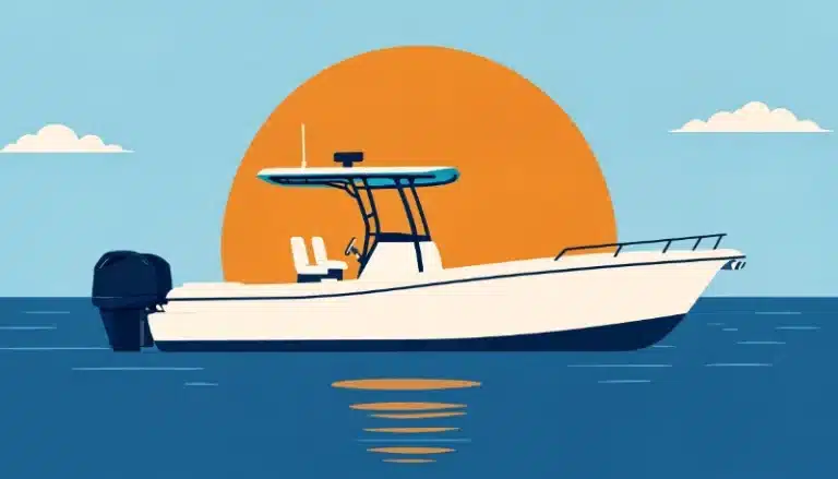 Center-console powerboat on calm water at sunset