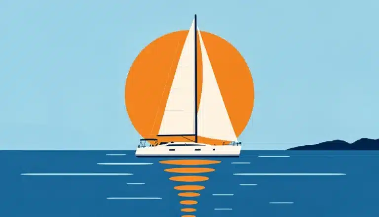 Sailboat under sail at sunset with the mast raked back