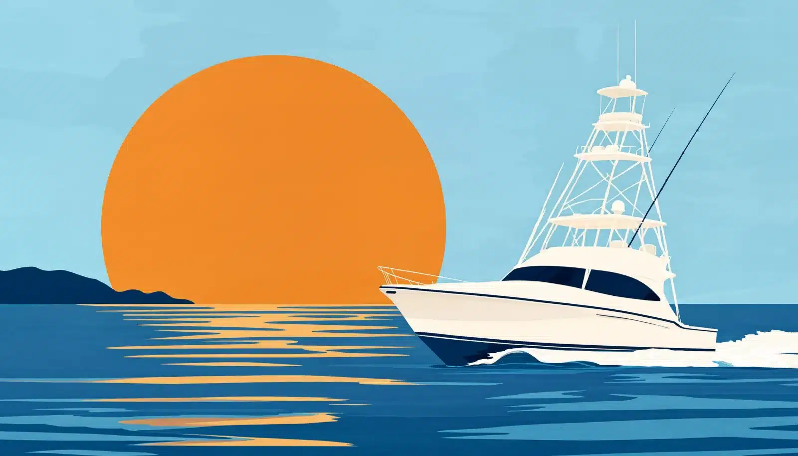 Center-console powerboat running through calm water at sunset, with a low headland behind