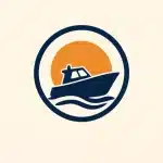 NJ Boat Mover logo: a navy ring around a center-console boat and an orange sun