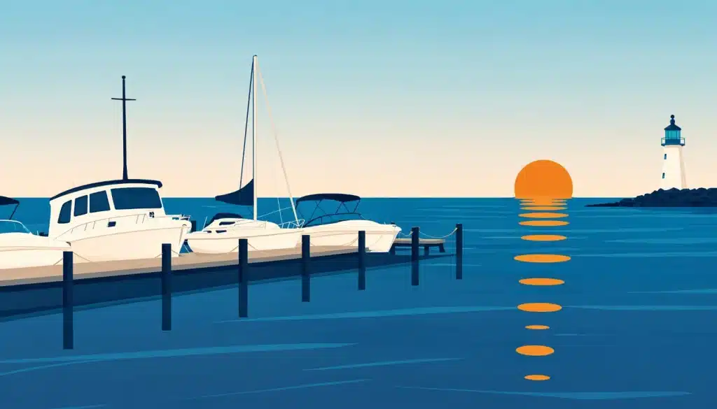 Marina at dusk with boats on lifts and dock lights reflecting on the water