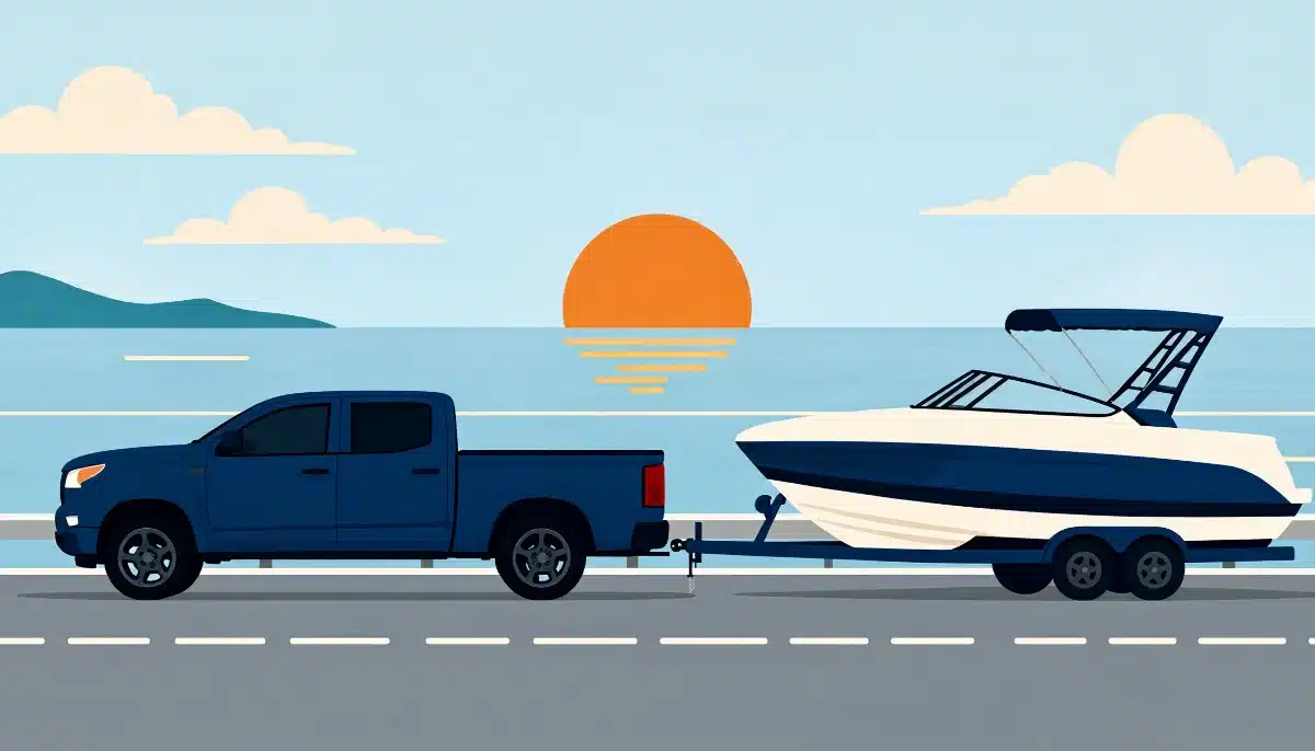 Pickup truck towing a powerboat on a trailer along a coastal road