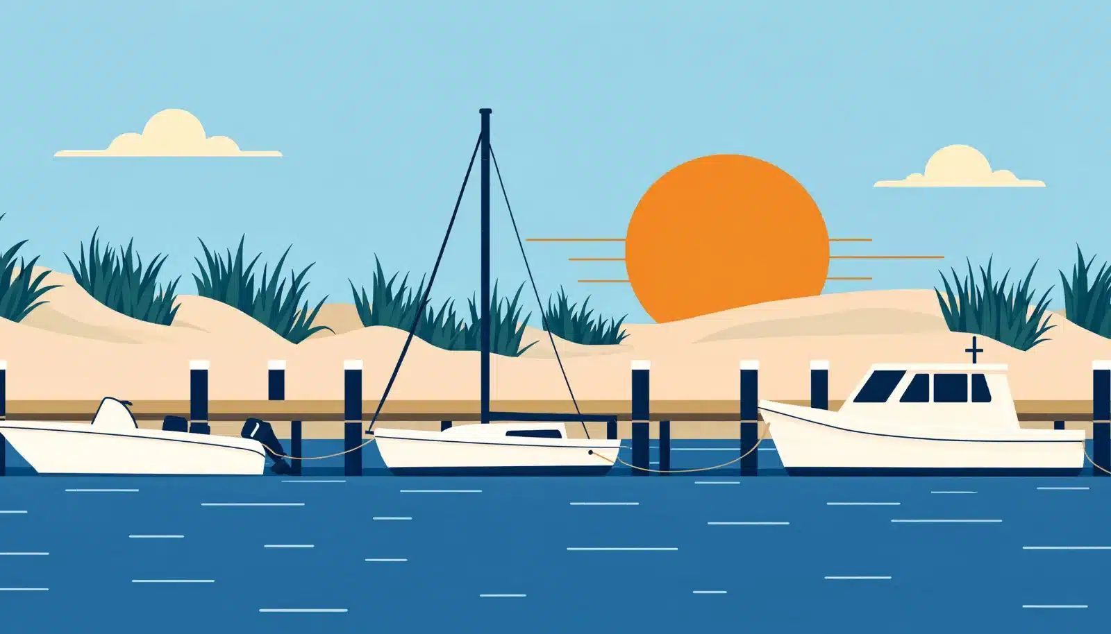 Center-console boat in a Delaware inlet with dune grass and a low bridge