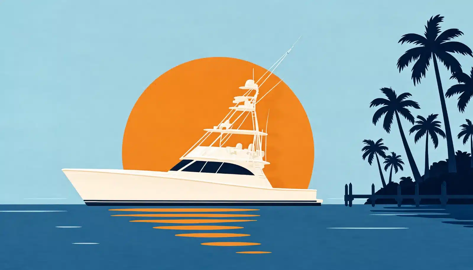 Sportfish boat idling out of a Florida inlet past palms and a channel marker