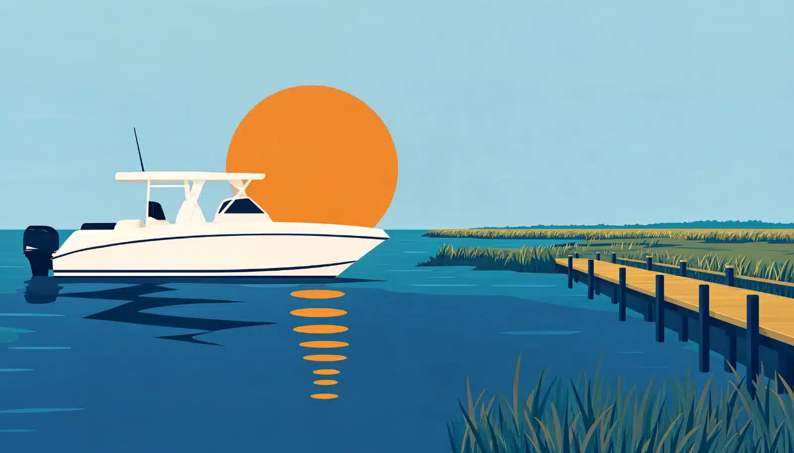 Boat cruising a Georgia coastal waterway past marsh islands at dusk