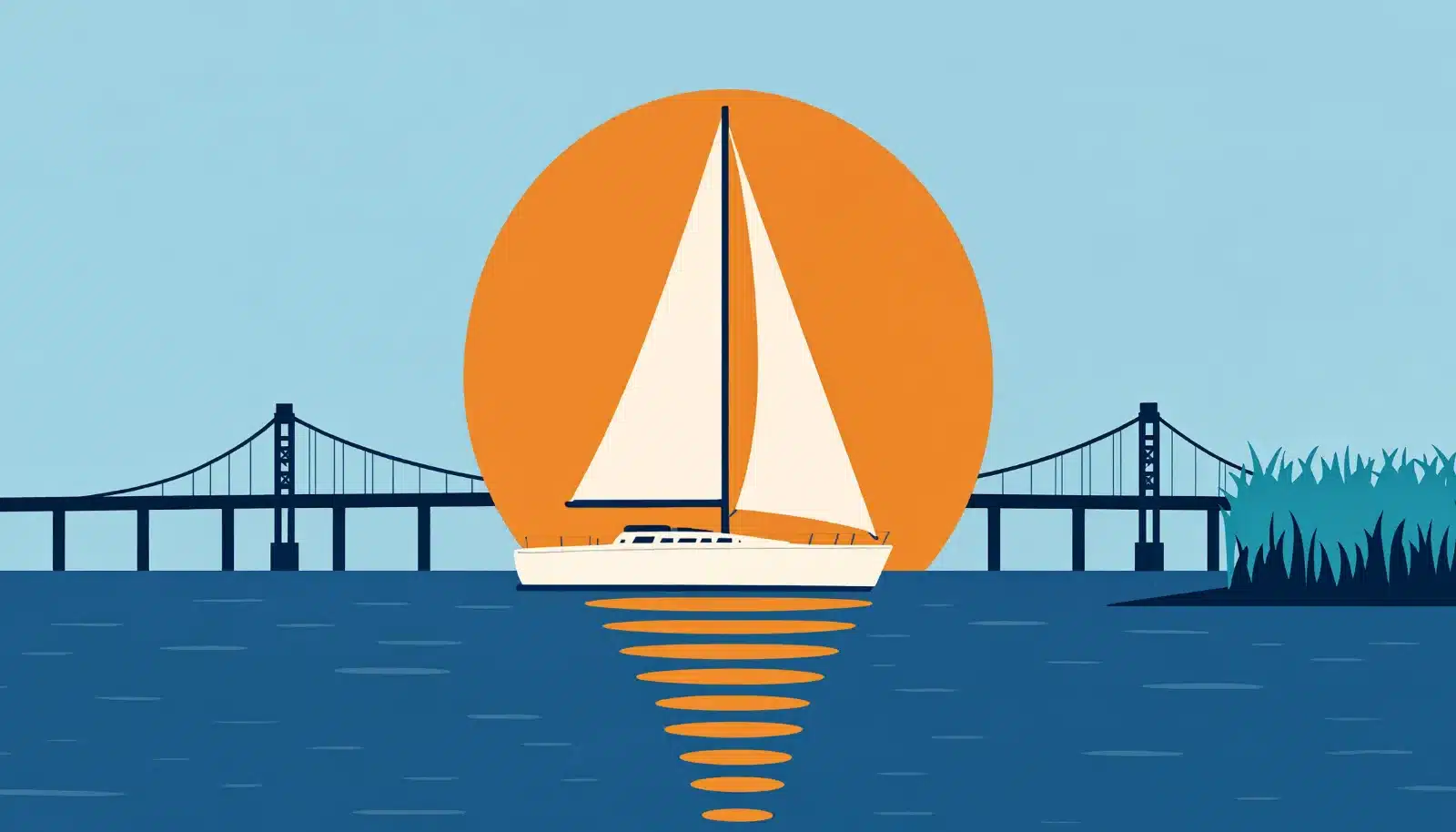 Sailboats at anchor on the Chesapeake Bay with a screwpile lighthouse