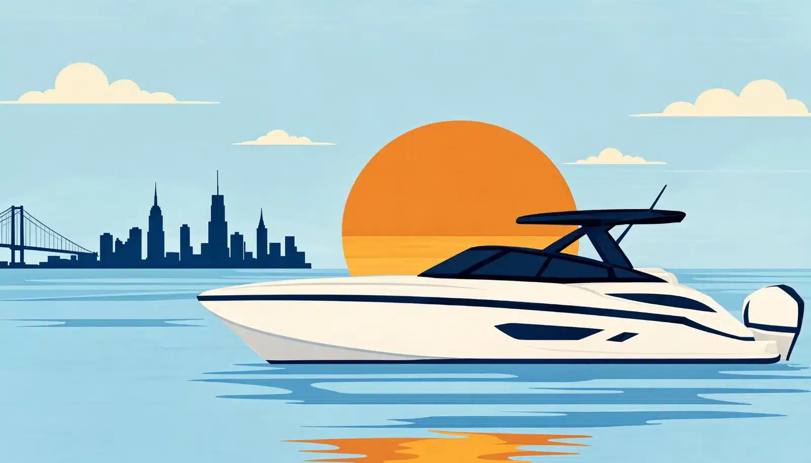 Powerboat on a New York harbor at golden hour with a lighthouse behind