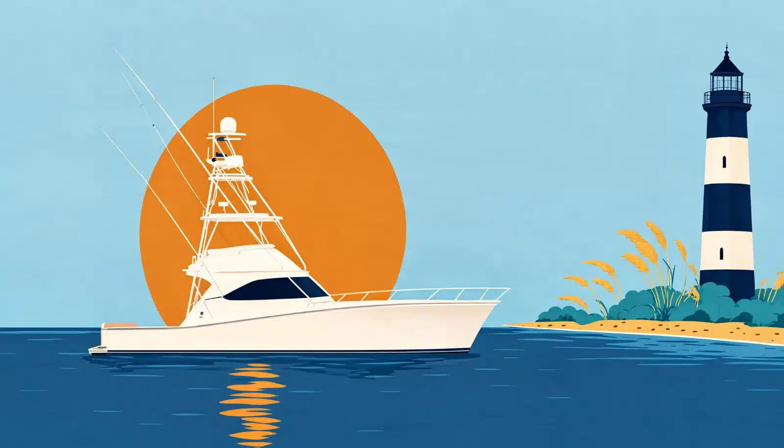 Center-console boat running past a North Carolina barrier island lighthouse