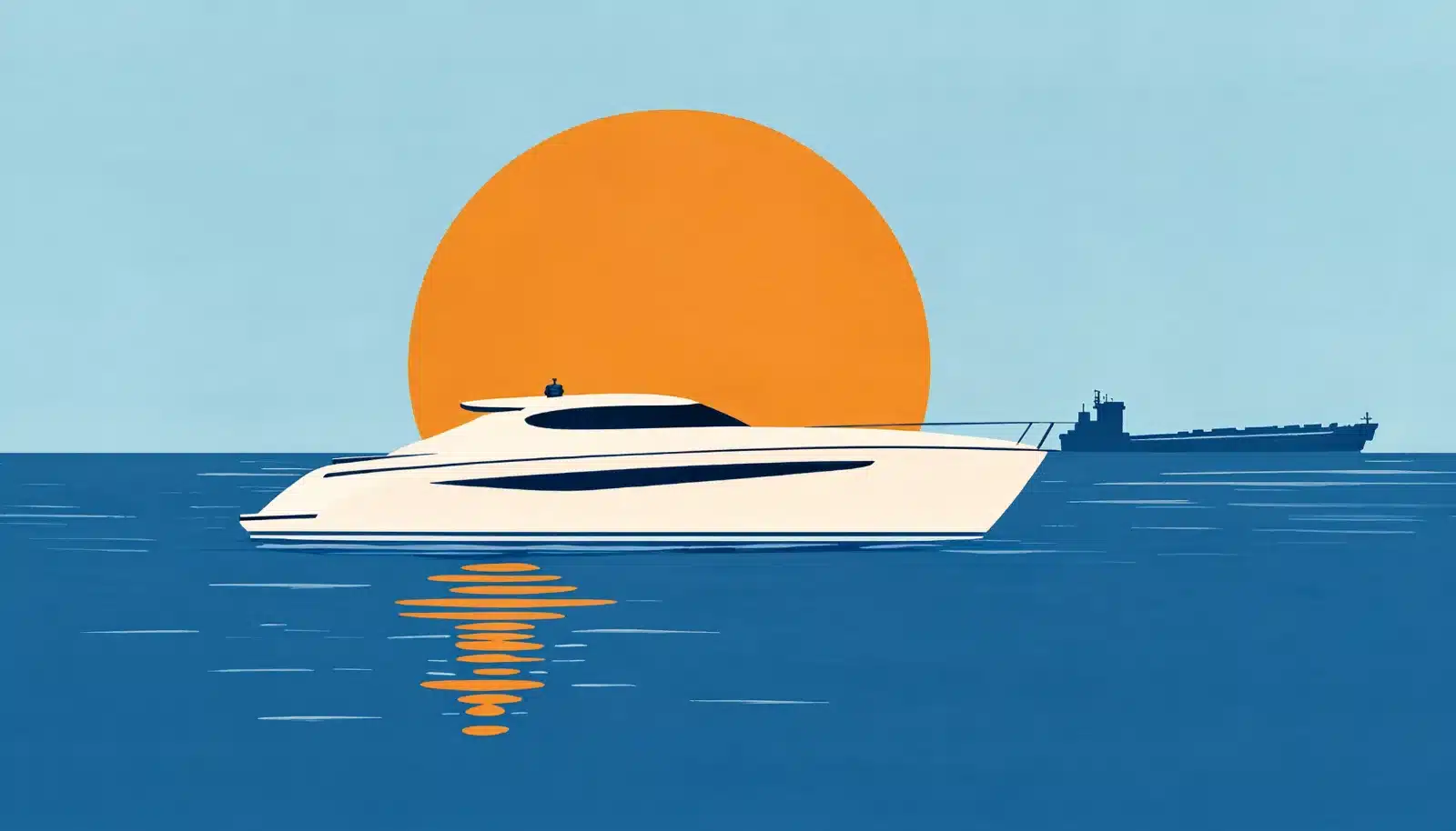 Cruiser on Lake Erie at sunset with a stone breakwall and a lighthouse