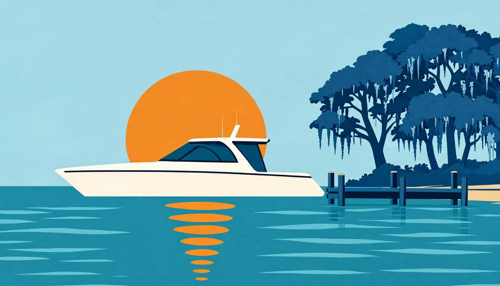 Boat in a South Carolina tidal creek lined with marsh grass and live oaks